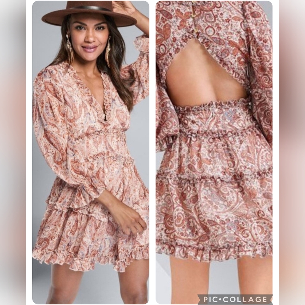 Venus Longsleeve Ruffle Trim V Neck Back Cutout Mini Dress Size 14 Party